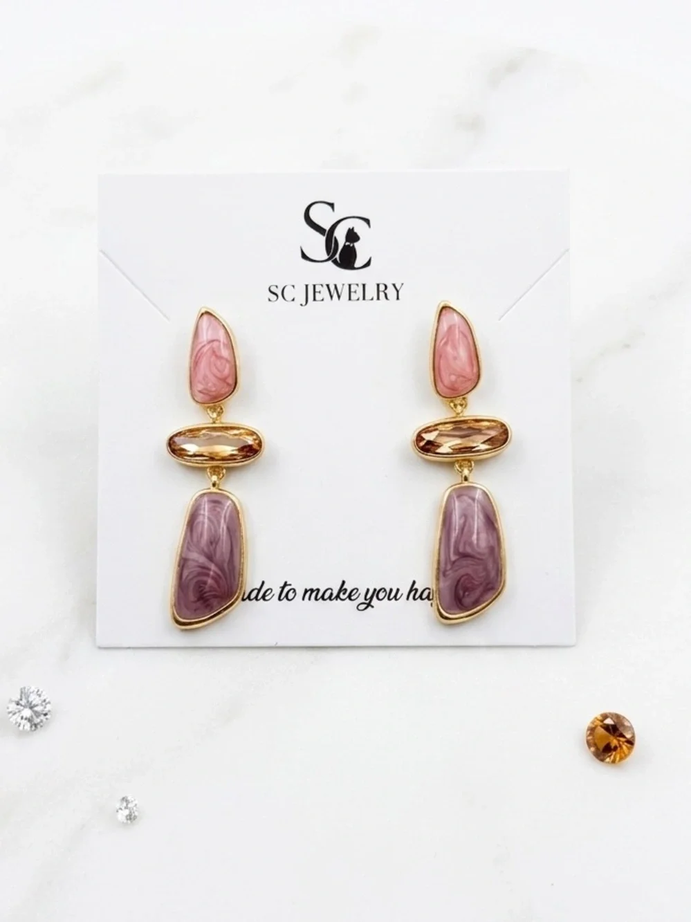 14K Gold Plated Pink Marble Resin Drop Earrings ✨ Luxury Boutique Statement